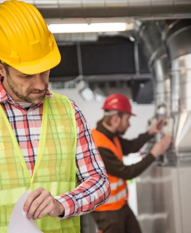 Hot and Cool HVAC technicians working on ductwork in a Calgary home